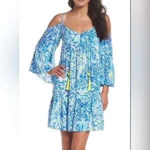 Blue and Green Floral strap Off -Shoulder Dress, neon colors